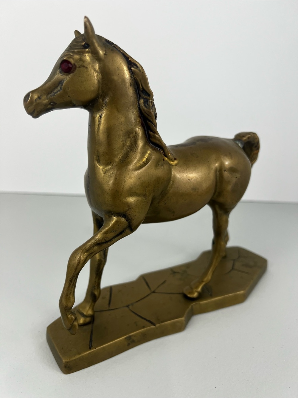 Vintage Solid Brass Horse Statue Red Rhinestone Eyes Mid Century Decor - Picture 3 of 13